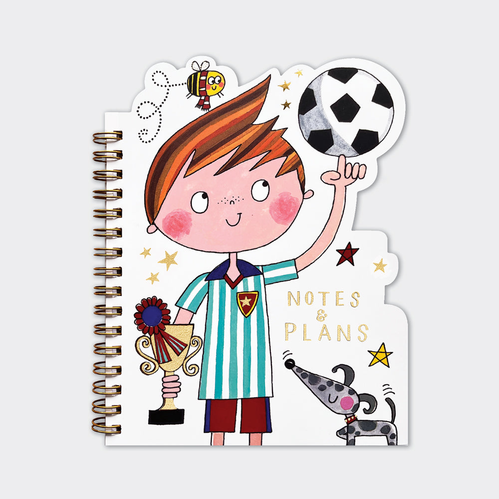 Footballer shaped notebook with die-cut cover featuring gold foil football and sports details