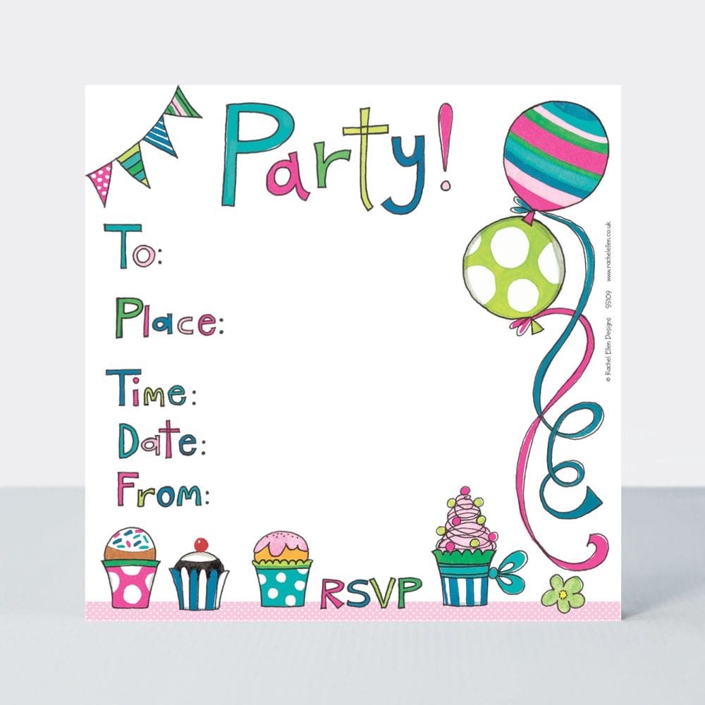 Party Invite Cakes and Balloons (pack of 8)