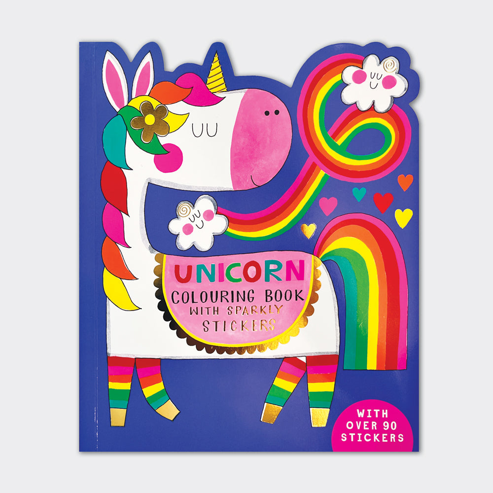 Unicorn colouring book with die-cut cover featuring gold foil horn and magical rainbow details