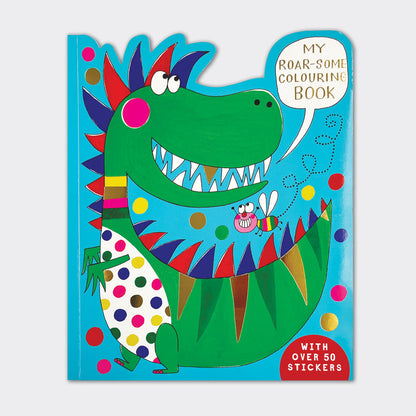 Dinosaur colouring book with die-cut cover featuring gold foil T-Rex and prehistoric details
