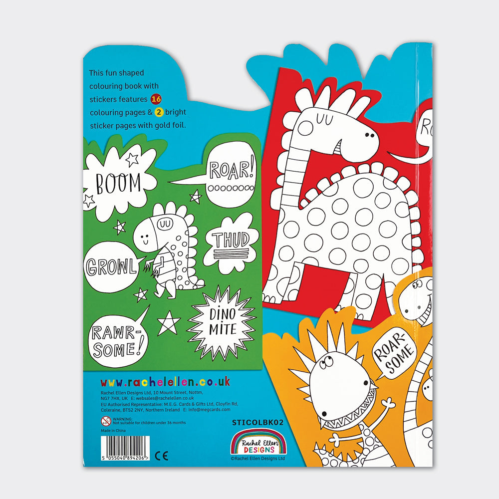 Back cover of dinosaur colouring book showing roar-some illustrations and shiny stickers