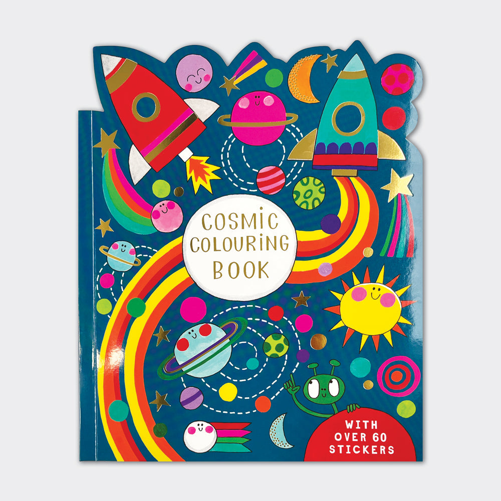 Cosmic space colouring book with die-cut cover featuring gold foil planets and stars