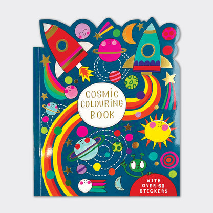 Cosmic space colouring book with die-cut cover featuring gold foil planets and stars