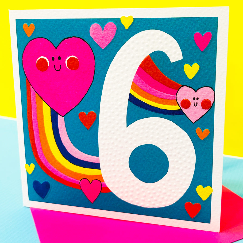 Sweet Pea - Age 6 Girl/Hearts &amp; Rainbows Birthday Card