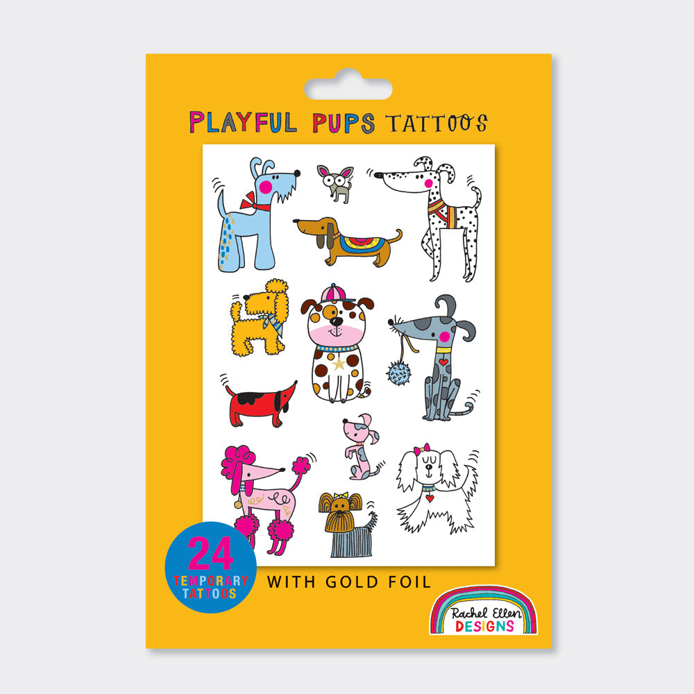 Pack of Playful Pups tattoos with colorful dog illustrations on a yellow background