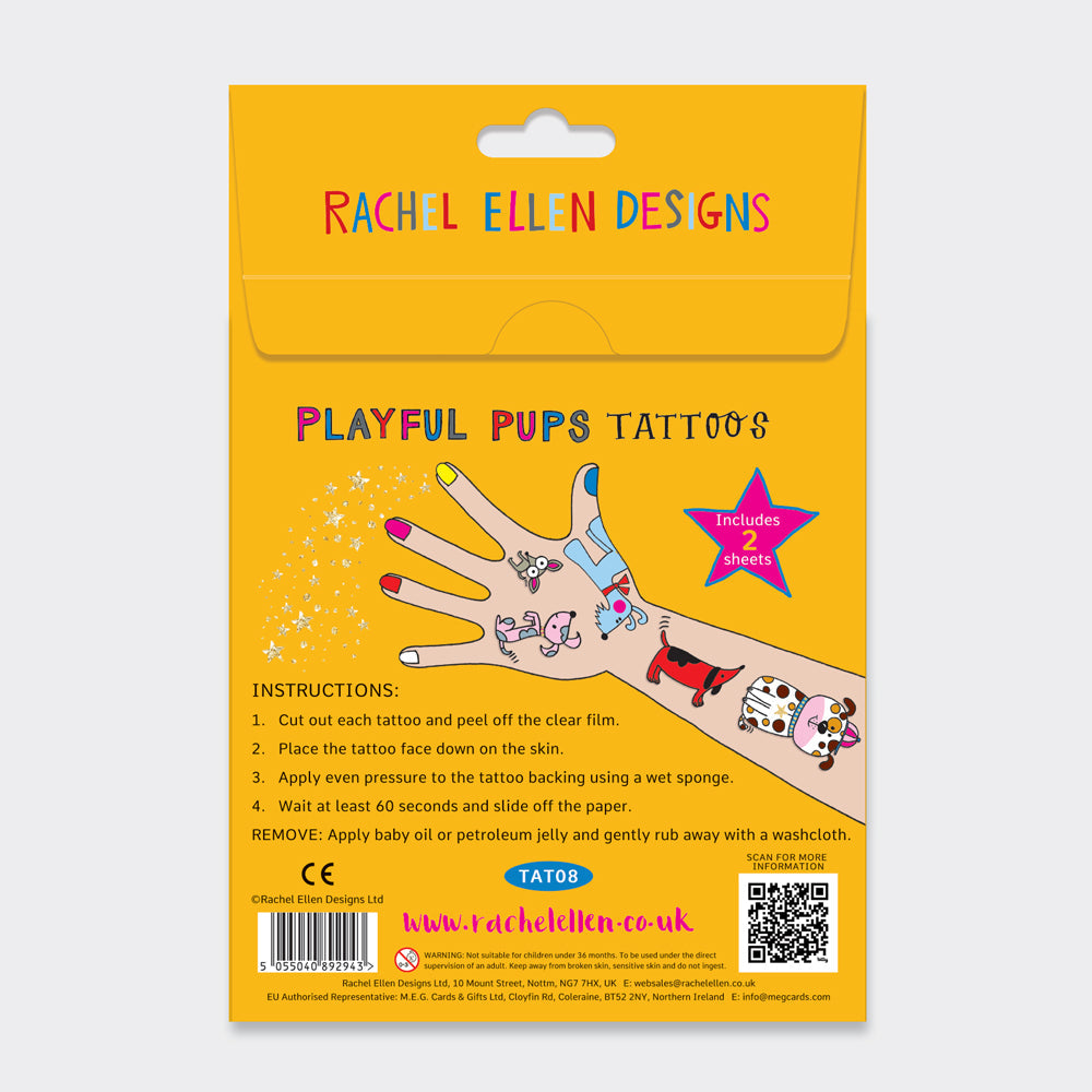 Packaging of Rachel Ellen Designs playful pups tattoos with instructions and branding.