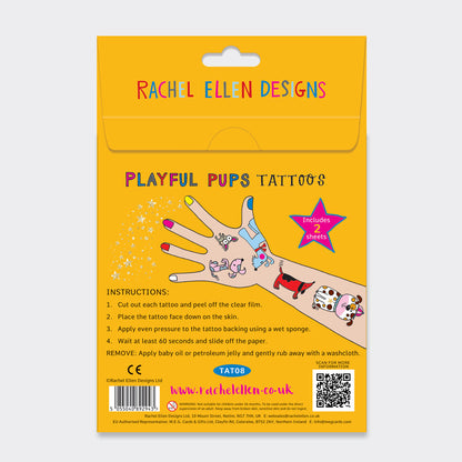 Packaging of Rachel Ellen Designs playful pups tattoos with instructions and branding.