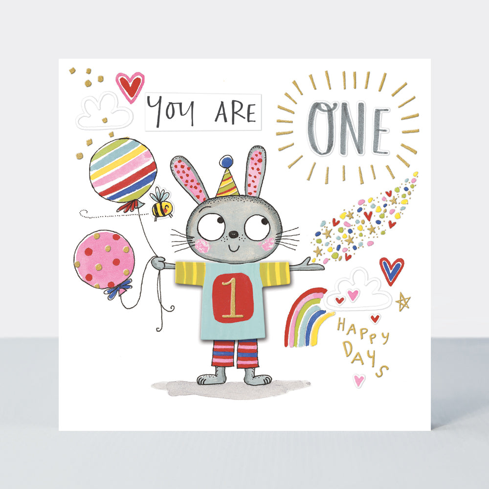 T-Party - Age 1 Birthday Card /Rabbit &amp; Balloons