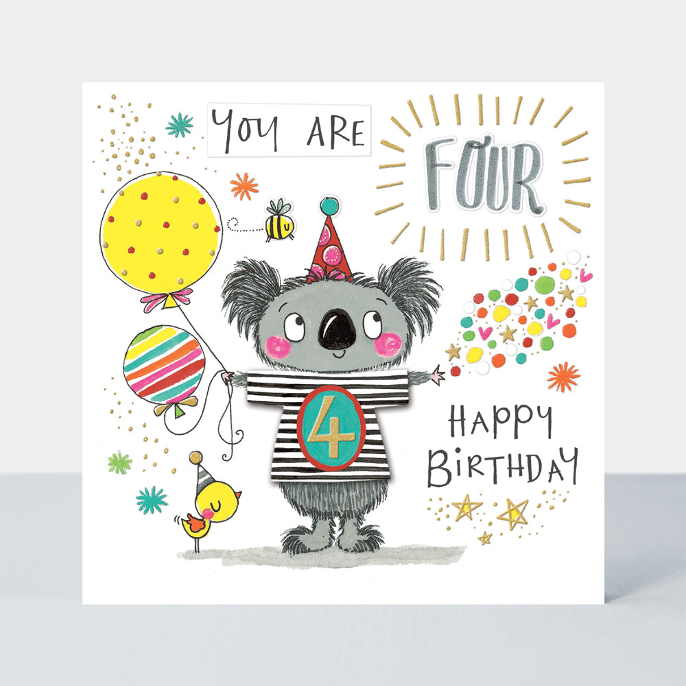 T-Party - Age 4 Birthday Card /Koala &amp; Balloons