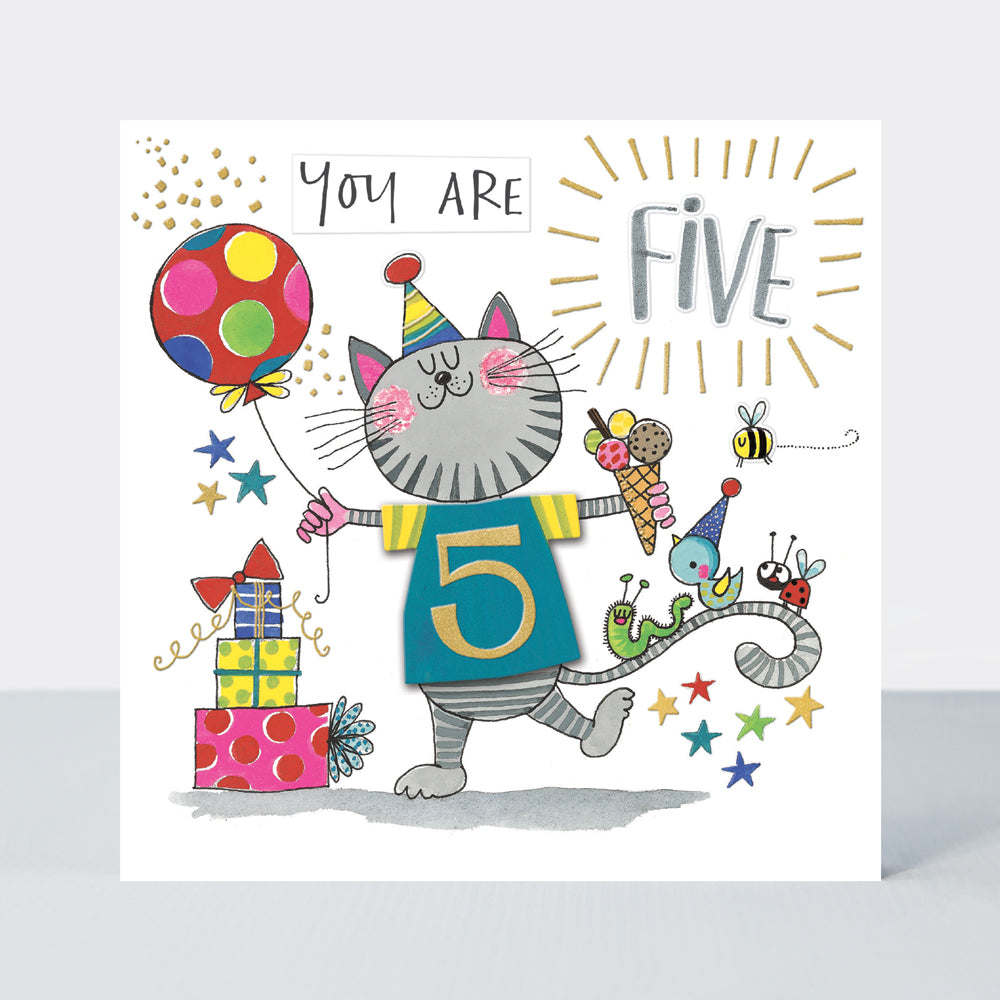T-Party - Age 5 Birthday Card /Cat, Presents &amp; Balloon