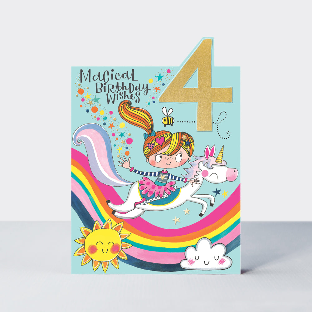Tiptoes - Age 4 Birthday Card Girl On Unicorn