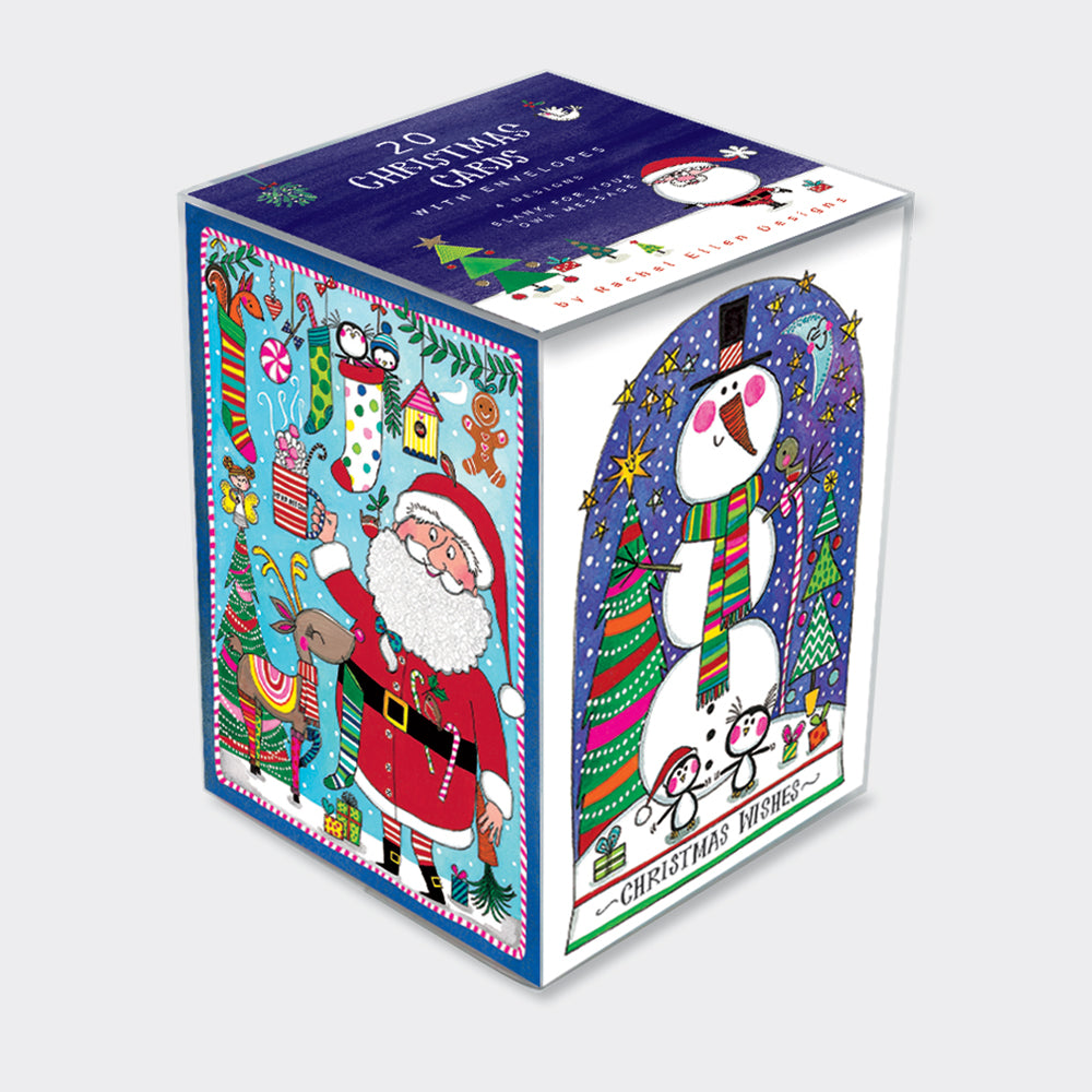 Mini Christmas Cards - Box Set of 20 - Colourful Santa & Snowman Designs
