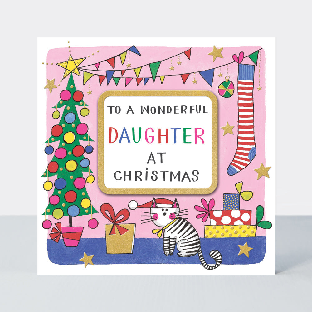 Christmas Card - Wonderful Daughter - Tree &amp; Cat