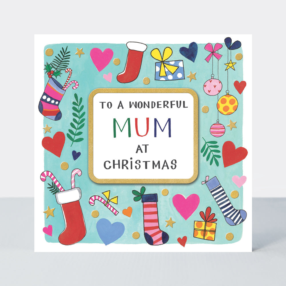 Christmas Card - Wonderful Mum - Hearts &amp; Stockings