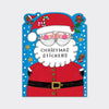 Pack of Christmas stickers with a cartoon Santa Claus design on a blue background.