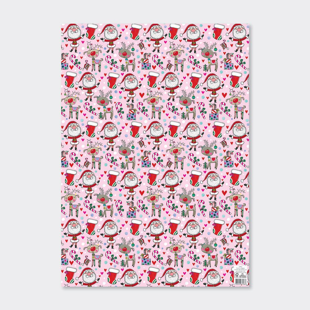 Christmas Gift Wrap Sheet - Santa & Reindeer - Pink & Red