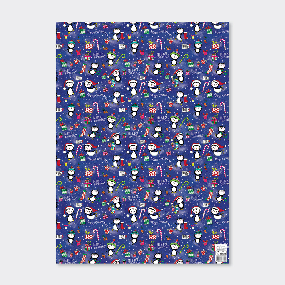 Christmas Gift Wrap Sheet - Penguins on Blue