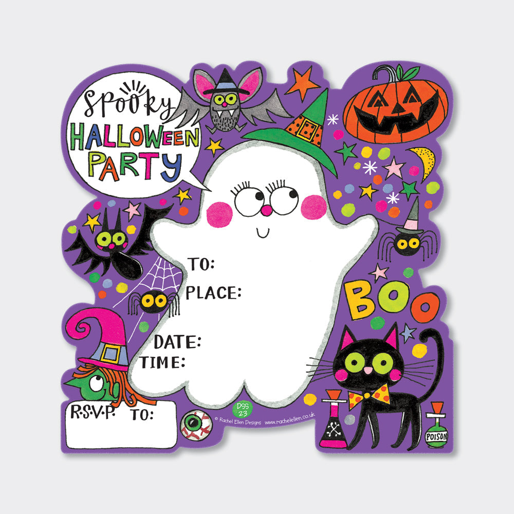 Halloween Party Invitations (8 Pack) - Spooky ghost with purple background